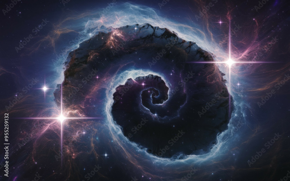 Obraz premium Cosmic spiral galaxy. A swirling cosmic nebula with bright stars and celestial dust, representing the beauty and wonder of the universe.