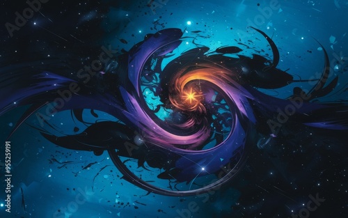 Cosmic spiral artwork. Abstract swirling cosmic art depicting a glowing star at the center of the galaxy, symbolizing creation and the universe. photo