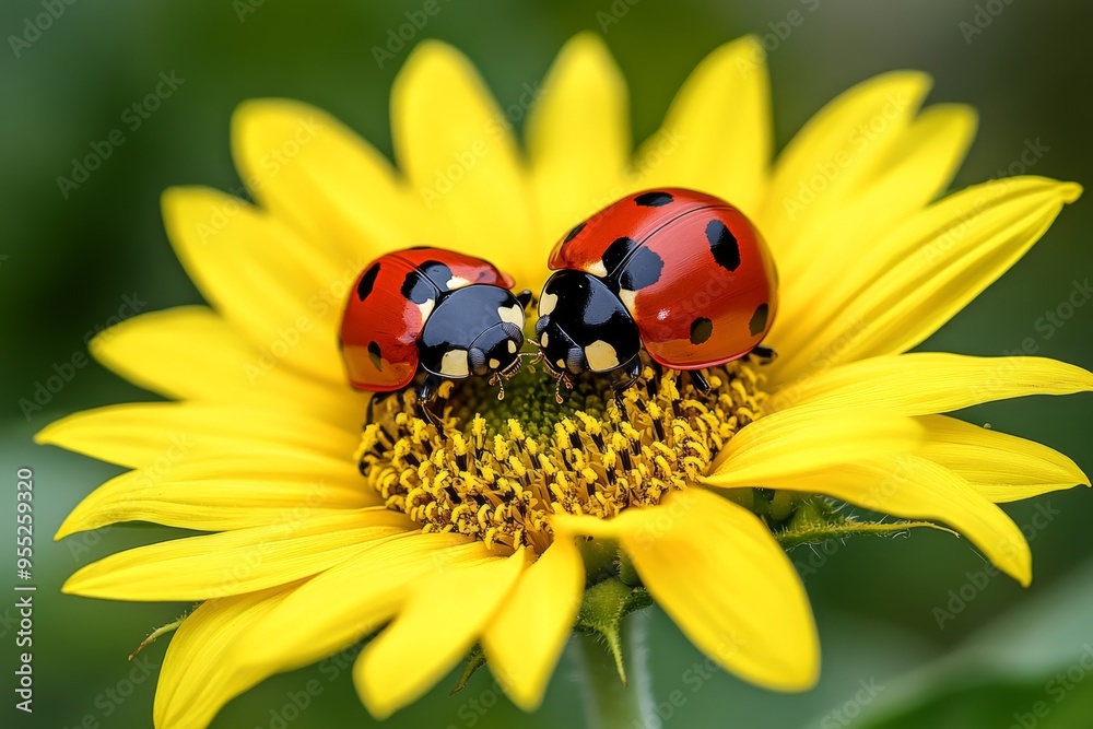 Ladybugs, on a sunflower, bright spots on yellow petals add a touch of whimsy to the summer garden Ladybugs, on a sunflower, bright spots on yellow petals add a touch of whimsy to the summer garden