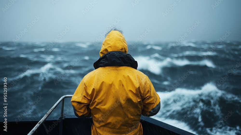 Back view of a person wearing a yellow rain suit, enduring stormy sea conditions on a boat. This image captures human perseverance against adverse weather. Back view of a person wearing a yellow rain suit, enduring stormy sea conditions on a boat. This image captures human perseverance against adverse weather.