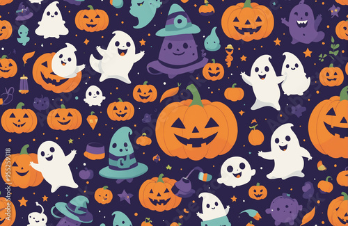 cute halloween festival illustration pattern background cartoon with ghost and pumpkin