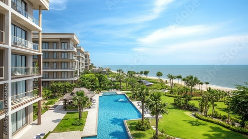 Beautiful serviced condominium exterior in Hua Hin with views of the swimming pool, green gardens, and the sea, offering a perfect beachside retreat under clear skies