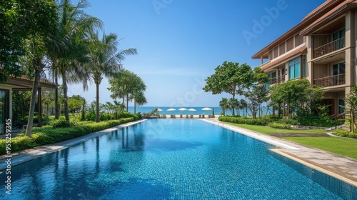 Beautiful serviced condominium exterior in Hua Hin with views of the swimming pool, green gardens, and the sea, offering a perfect beachside retreat under clear skies