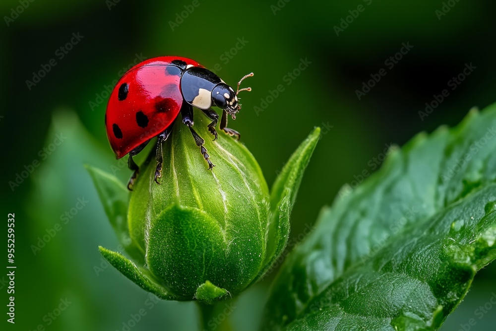 Ladybugs, perched on a flower bud, waiting patiently add a touch of anticipation to the blooming process Ladybugs, perched on a flower bud, waiting patiently add a touch of anticipation to the blooming process