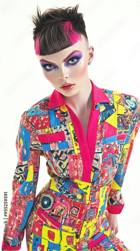 The woman showcases a striking jumpsuit with vivid colors and patterns while exhibiting bold makeup against a neutral background The woman showcases a striking jumpsuit with vivid colors and patterns while exhibiting bold makeup against a neutral background