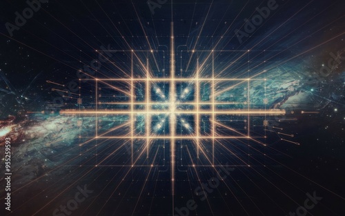 Cosmic grid. Abstract image of a glowing grid in space, symbolizing interconnectedness and technology.