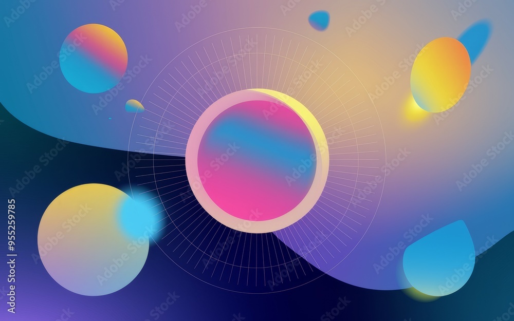 Abstract space design. Colorful gradient spheres and geometric patterns on a purple background. Abstract space design. Colorful gradient spheres and geometric patterns on a purple background.