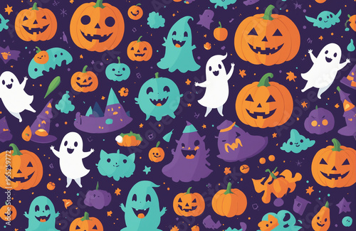 cute halloween festival illustration pattern background cartoon with ghost and pumpkin