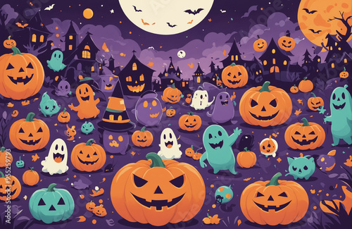 cute halloween festival illustration pattern background cartoon with ghost and pumpkin