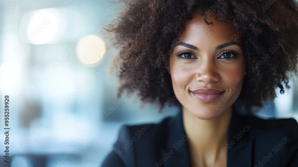 A smiling woman with voluminous curly hair stands confidently. Her friendly expression and focus on the camera light up the scene, with a softly blurred backdrop. A smiling woman with voluminous curly hair stands confidently. Her friendly expression and focus on the camera light up the scene, with a softly blurred backdrop.