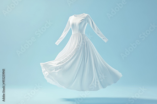 A white dress elegantly floating in mid-air against a clear blue sky, symbolizing freedom, lightness, and simplicity. 