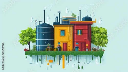 Flat illustration of an urban heat island, with temperature differences between cities and green areas. #955259995