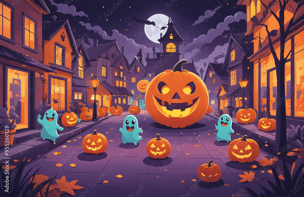 Fototapeta premium cute halloween festival illustration pattern background cartoon with ghost and pumpkin