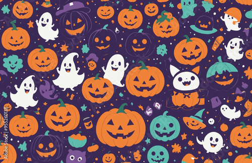Wallpaper Mural cute halloween festival illustration pattern background cartoon with ghost and pumpkin Torontodigital.ca
