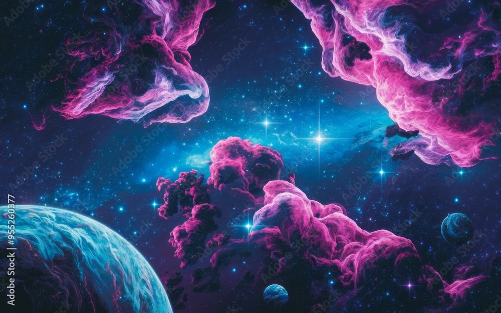 Cosmic nebula. Vivid pink and blue nebula clouds in a vast starry space, with celestial bodies. The image symbolizes the vastness of space and the beauty of the universe. Cosmic nebula. Vivid pink and blue nebula clouds in a vast starry space, with celestial bodies. The image symbolizes the vastness of space and the beauty of the universe.