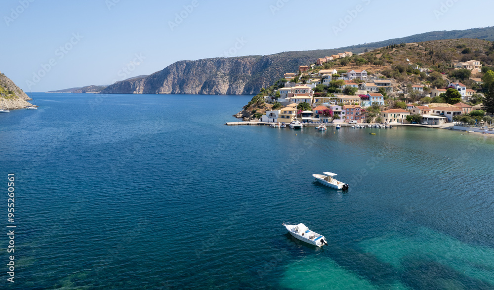 Drone aerial view of Greek village of Asos on the west coast of the island of Cephalonia , Kefalonia Greece in the island sea. Drone aerial view of Greek village of Asos on the west coast of the island of Cephalonia , Kefalonia Greece in the island sea.