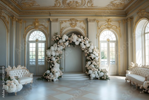 Fototapeta Naklejka Na Ścianę i Meble -  Wedding photography backdrop. Chateau palace rococo interior, white roses and peonies around a podium. 