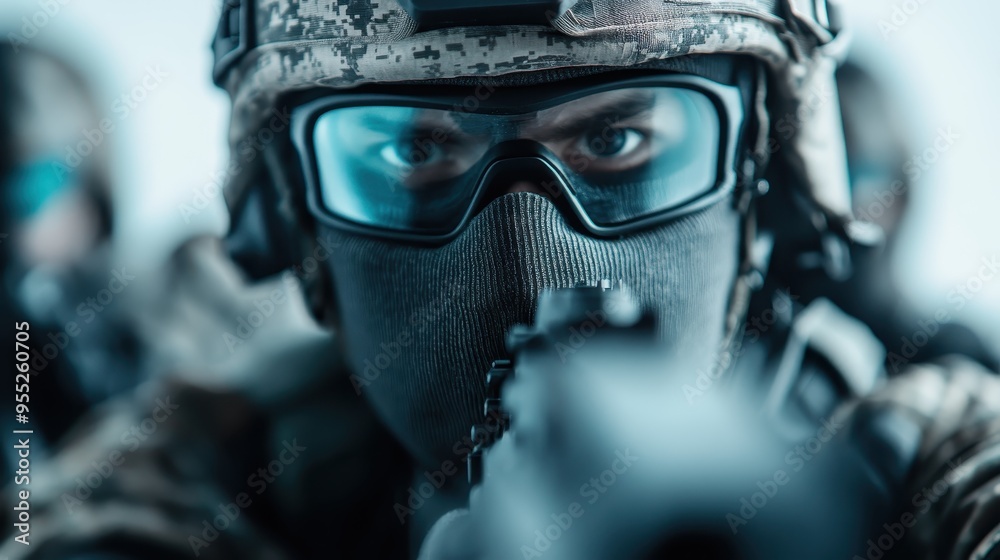 A group of soldiers in full tactical and combat gear with blurred faces, portrayed in a stance of readiness and protection, embodying a sense of duty and precision. A group of soldiers in full tactical and combat gear with blurred faces, portrayed in a stance of readiness and protection, embodying a sense of duty and precision.