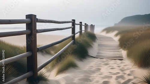 misty sand path wood railing fence leading beach shore