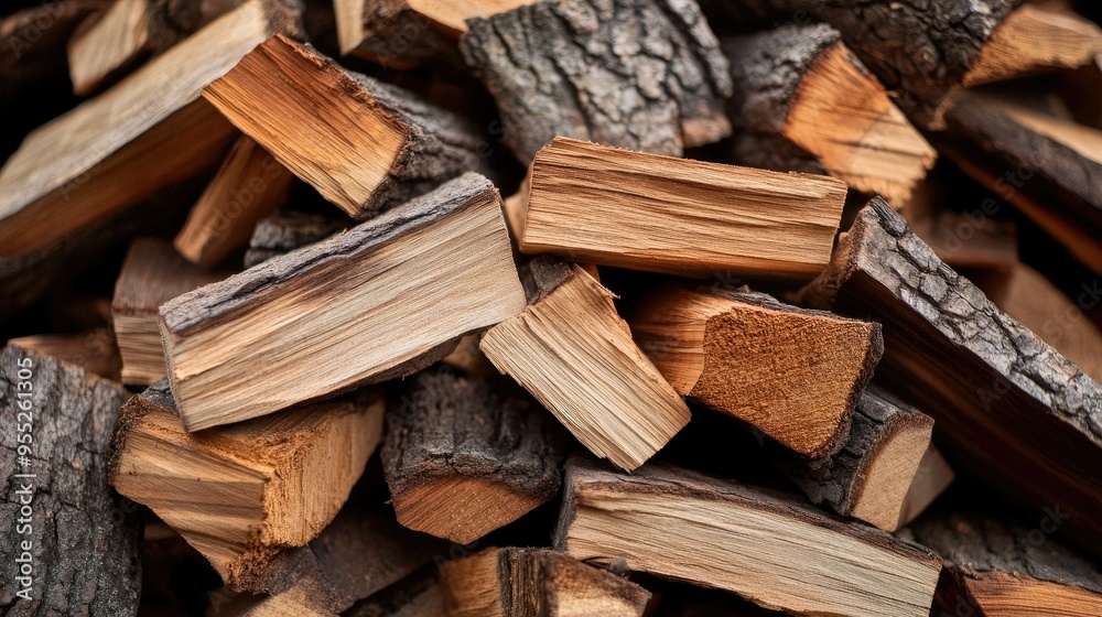 Close-up of chopped firewood pieces with visible grain patterns and rough edges, piled in a rustic shed, ready for use in a fireplace or wood stove Close-up of chopped firewood pieces with visible grain patterns and rough edges, piled in a rustic shed, ready for use in a fireplace or wood stove