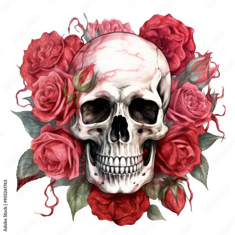Human Skull Surrounded by Red Roses Human Skull Surrounded by Red Roses