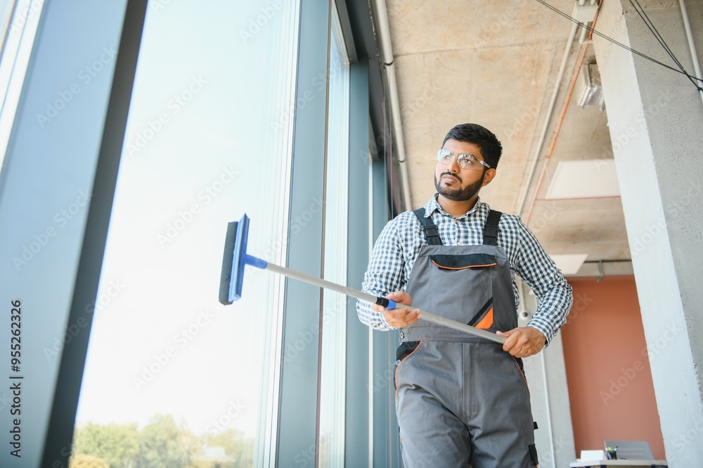 Cheerful male person cleaning window Cheerful male person cleaning window