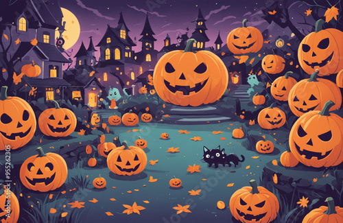 cute halloween festival illustration pattern background cartoon with ghost and pumpkin