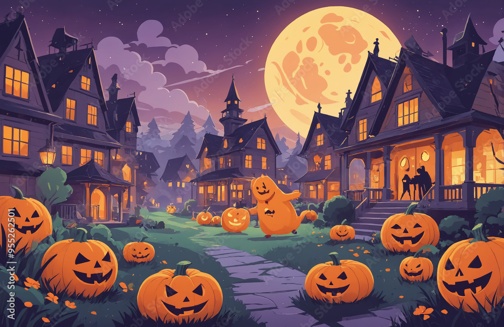 Fototapeta premium cute halloween festival illustration pattern background cartoon with ghost and pumpkin