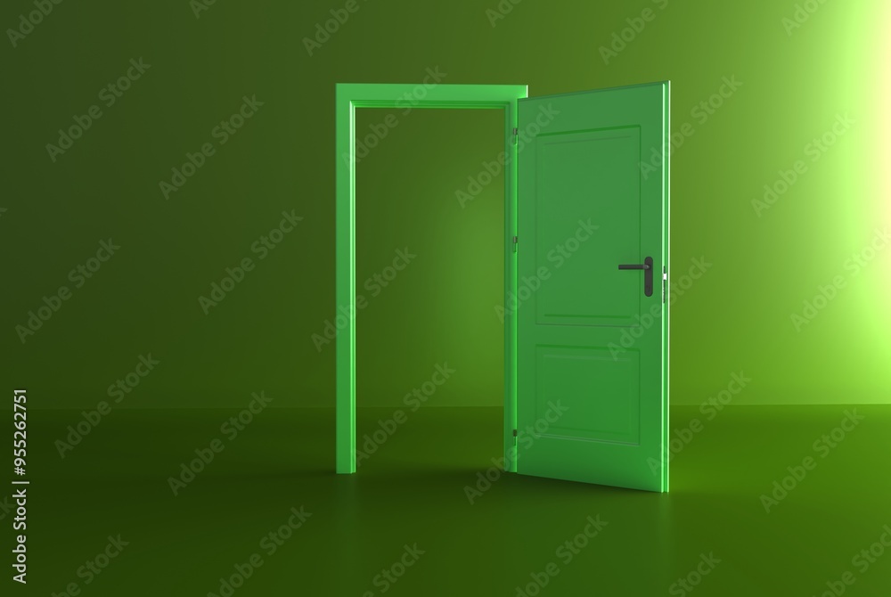 Open the door. Green door, open entrance in green background room. Architectural design element. Modern minimal concept. Opportunity metaphor. Open the door. Green door, open entrance in green background room. Architectural design element. Modern minimal concept. Opportunity metaphor.