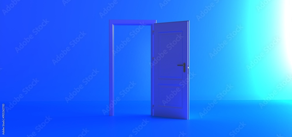 Open the door. Blue door, open entrance in blue background room. Architectural design element. Modern minimal concept. Opportunity metaphor. Open the door. Blue door, open entrance in blue background room. Architectural design element. Modern minimal concept. Opportunity metaphor.