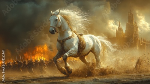 A white horse gallops through a field of fire, towards a city in the distance. The horse is wearing a harness and has a long flowing mane.