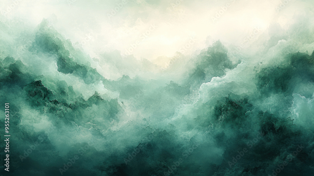 Obraz premium A soft abstract green background with watercolor effects, offering a calming and artistic vibe