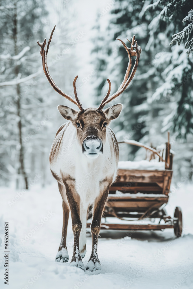 A deer in a winter forest surrounded by snow-covered pines A deer in a winter forest surrounded by snow-covered pines