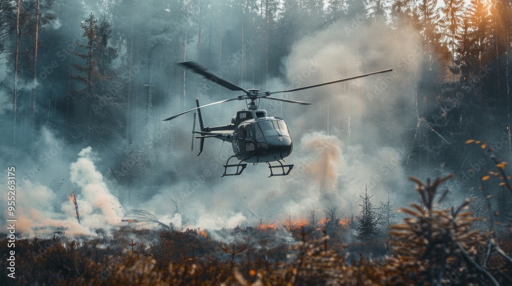 A black helicopter is flying over a forest with smoke and fire A black helicopter is flying over a forest with smoke and fire