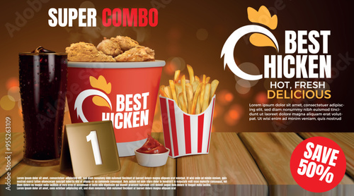 Fried chicken poster. Fast food background, Basket of crispy wings. Nugget products. Sale advertising. 3D delicious meal combo. Fries potato and cola glass. Vector ad banner design template