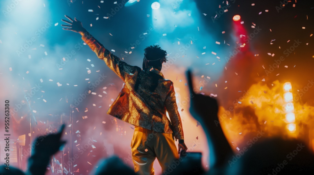 A pop concert with bright costumes and choreography, the singer performs a hit to the cheers of fans A pop concert with bright costumes and choreography, the singer performs a hit to the cheers of fans