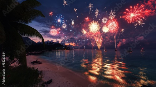 Vibrant Fireworks Display Over a Tropical Beach at Sunset