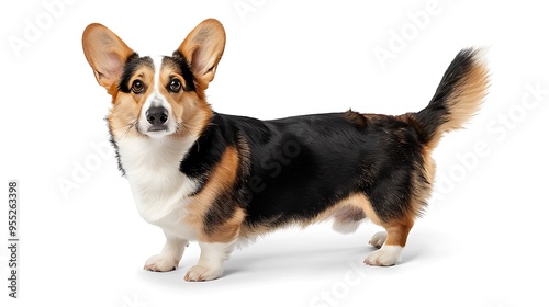 Cute Tri-Color Corgi Standing At Attention On White Background