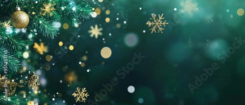 green christmas background with snowflakes and gold sequins