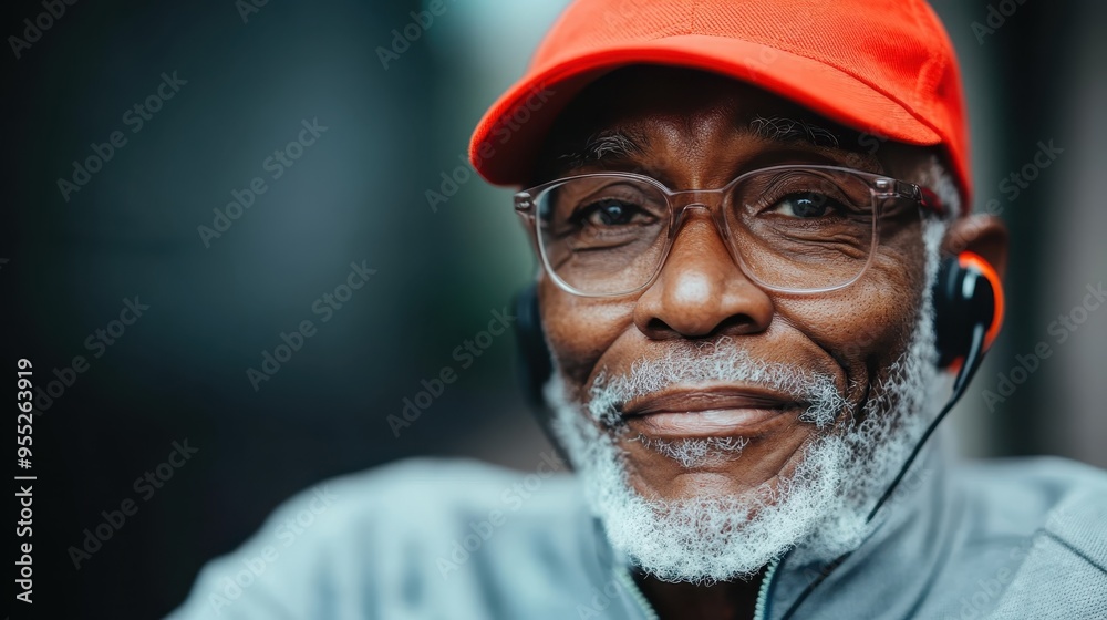 An elderly man, wearing glasses and a red cap, smiles warmly while having headphones around his neck. His grey beard and kind expression depict contentment and vitality. An elderly man, wearing glasses and a red cap, smiles warmly while having headphones around his neck. His grey beard and kind expression depict contentment and vitality.
