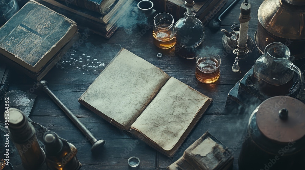 Alchemical Secrets: A Flat Lay of Ancient Tools and Bubbling Potions Alchemical Secrets: A Flat Lay of Ancient Tools and Bubbling Potions