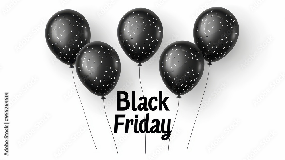 Black balloons with white confetti-like patterns and the text 