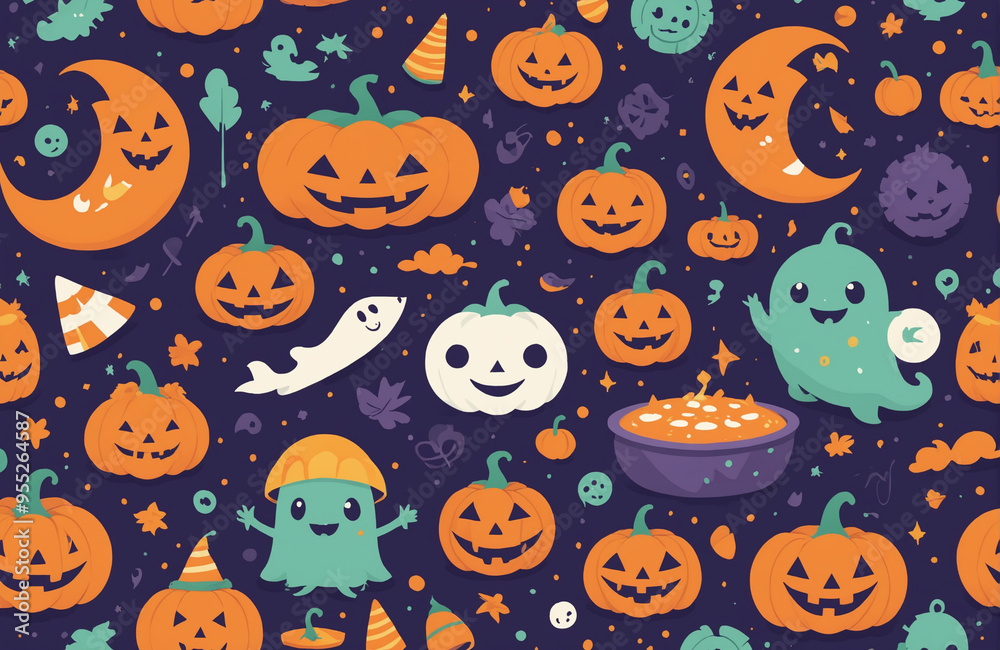 cute halloween festival illustration pattern background cartoon with ghost and pumpkin