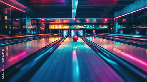 Interior view of a Jakarta bowling alley with colorful lanes and a player holding a cue, ready to take a shot, with vibrant lights and dynamic atmosphere