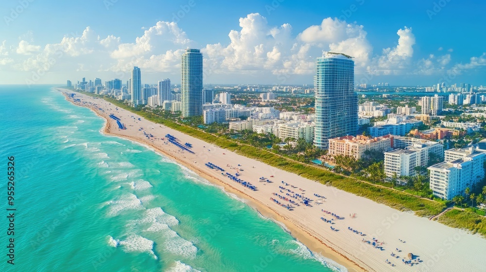 Miami Beach skyline view with The Setai hotel prominently featured, surrounded by other luxury hotels and condos near South Beach, Florida, captured from above in vibrant detail Miami Beach skyline view with The Setai hotel prominently featured, surrounded by other luxury hotels and condos near South Beach, Florida, captured from above in vibrant detail