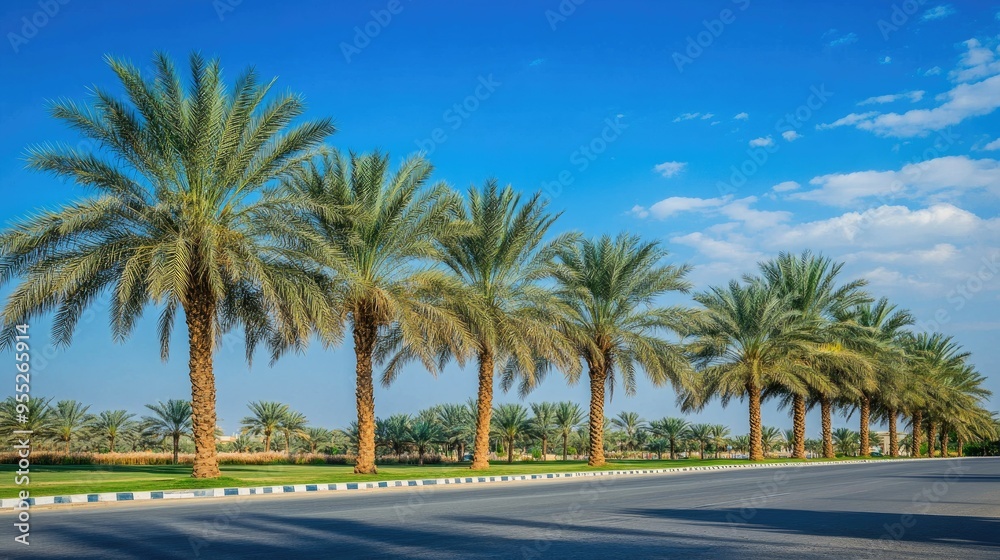 Palm date trees with a backdrop of a clear blue sky, positioned beside a wide asphalt road, emphasizing a blend of natural beauty and modern infrastructure