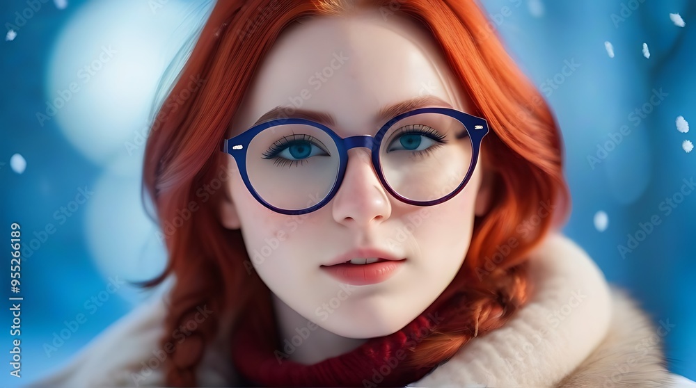 young nerdy girl round red glasses winter set blue background red hair pale skin marked acne young nerdy girl round red glasses winter set blue background red hair pale skin marked acne