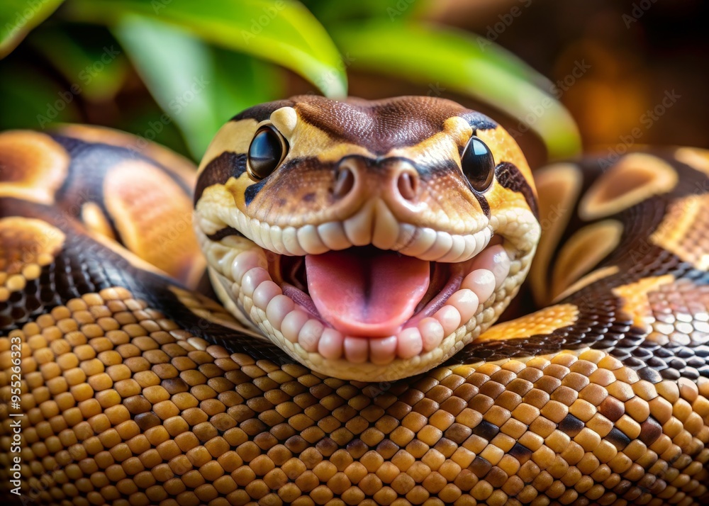 Fototapeta premium A close-up of a smiling ball python with vibrant scales and bright eyes, showcasing its unique pattern and charming expression.