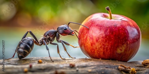 A close-up of an ant interacting with a vibrant red apple, showcasing nature's intricate relationships and details. photo