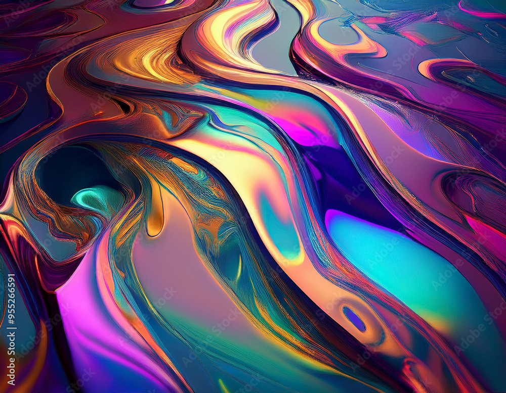 Obraz premium Iridescent Oil Slick Abstract Shiny Fluid Texture with Colorful Reflective Liquid Background Design